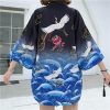 Crane Print Japanese Belted Kimono Outerwear Sun Protective - Modakawa Modakawa