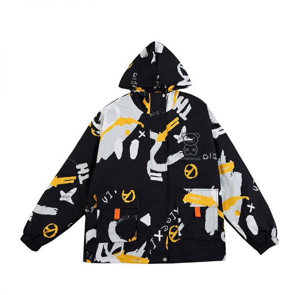 Cartoon Print Zipper Hooded Coat - Modakawa Modakawa