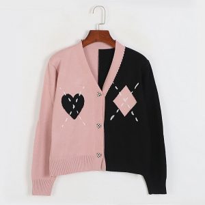 Chic Colorblock Love Heart Knit V-neck Cardigan Sweater - Modakawa modakawa