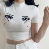 Cartoon Eyes Embroidery Ruffle Crop Top Fit T-Shirt - Modakawa Modakawa